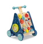 Children's wooden push toy with colorful gears and wheels on a white background
