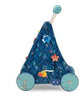 Children's toy with wheels and a star pattern on a white background