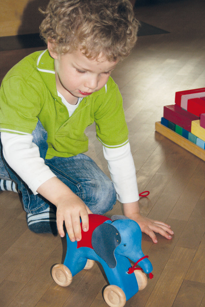 an interior picture of a little boy in a green shirt playing with a wooden blue elephant on wheels with a red fabric over its back with leather ears held on by gold tacks. Painted eyes and a red string to be pulled from. 
