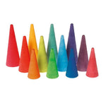 On a white background, rainbow coloured cones of various heights in three rows.