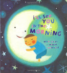The illustrated cover of the book with a round circle in the middle filled with a child sleeping in a crescent moon. The moon has a smiling face.