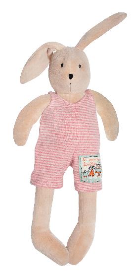 on a white background, a plush light brown bunny with long ears, embroidered eyes and nose, and long dangling legs dressed in a pink and white striped jumpsuit.