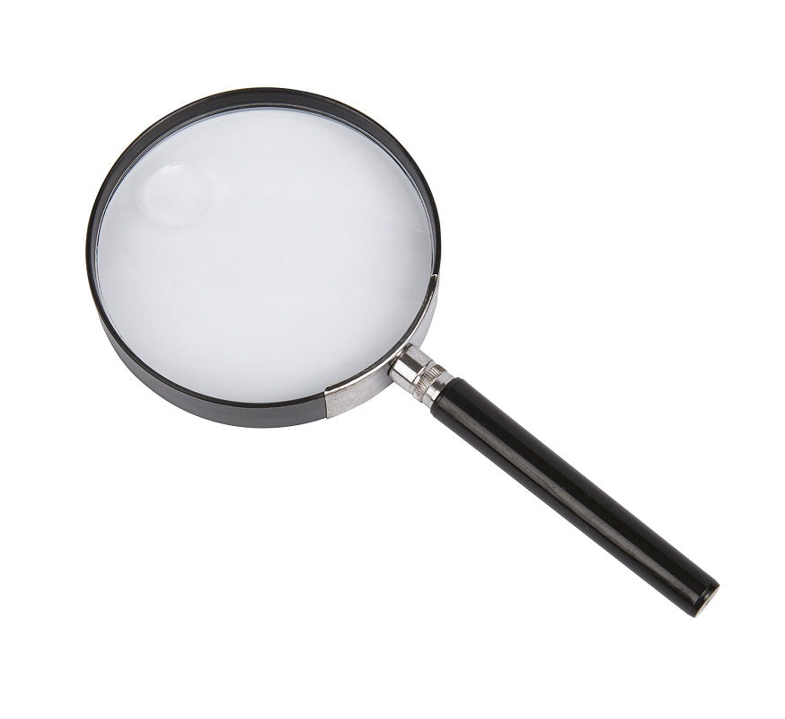 On a white background, a large magnifying glass with a black handle