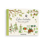 on a white background, a thin rectangular book with an illustrated garden on the front