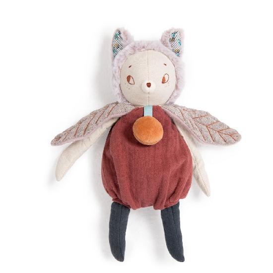 a stuffed toy with cat ears and insect wings with a plump belly and an embroidered face. on a white background