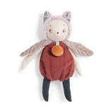 a stuffed toy with cat ears and insect wings with a plump belly and an embroidered face. on a white background
