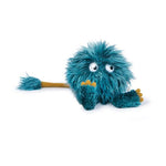 On a white background, a blue fluffy ball shape with feet, eyes and a tail