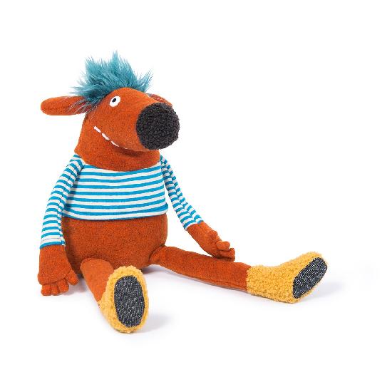 On a white background, a rust coloured plush charater with a big nose, blue hair, a blue and white striped shirt and yellow boots.