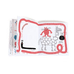 On a white background, an open book with colour and black and white illustrations