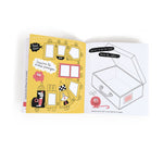 On a white background, an open book with colour and black and white illustrations