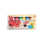set of colourful markers in a rectangular box on a white background. Box has illustrated friendly monsters on them in various colours
