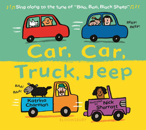 A brightly coloured board book with illustrated cars at the top and trucks at the bottom. 