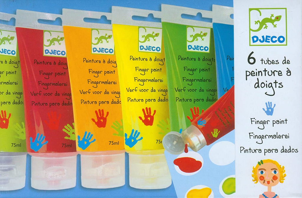 A large box with six packets of finger paint on it.