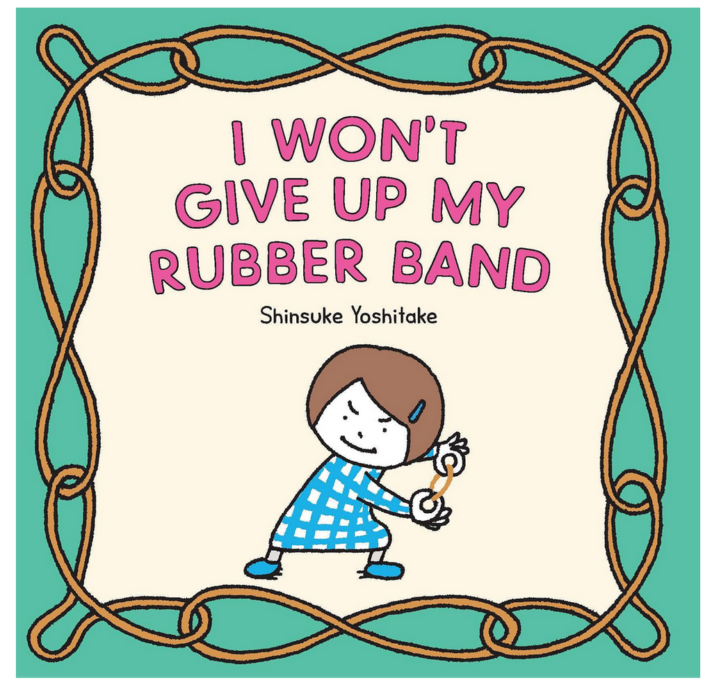 The book cover has a green border with illustrations of rubber bands around the edge. An illustrated girl with a rubber band in her hands and a mischeivious look on her face takes centre with the title illustrated in pink letter above.