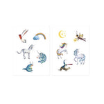 on a white background, two sheets of five illustrated unicorns and other magical creatures