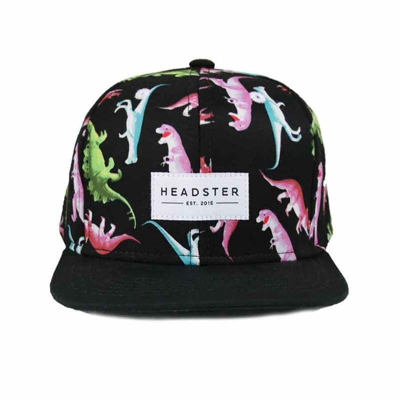 A black baseball cap with multicoloured dinosaurs all over it on a white background.