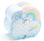 The same blue music box with blue and yellow stars on it on a white background. The top is closed, showing a design of two unicorns sitting on a cloud with a rainbow beside them.