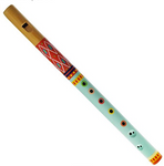 A wodden flute painted red and blue on a white background.