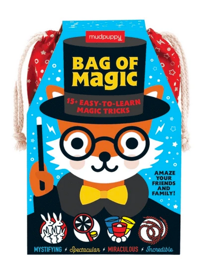 A red bag covered with a blue piece of cardboard with a fox in a magician's outfit on a white background.