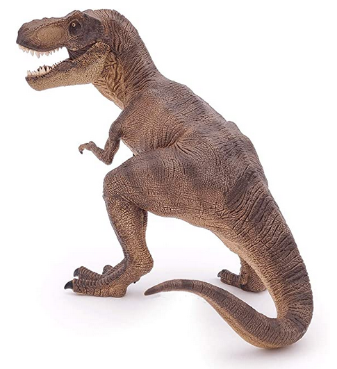 a realistic brown tyrannosaurus rex dinosaur figurine with an open mouth showing sharp teeth on a white background