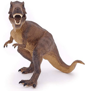  realistic brown tyrannosaurus rex dinosaur figurine with an open mouth showing sharp teeth facing outward on a white background
