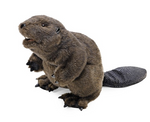 plush brown beaver facing the side on a white background.