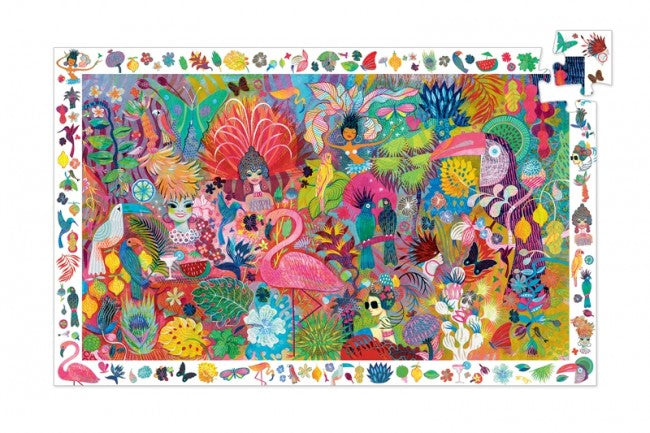 On a white background, a colourful, illustrated rio scene on an assembled puzzle with one piece missing at the corner