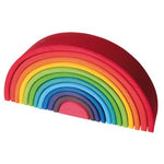 a wooden rainbow with 12 nesting arcs on a white background. The largest outer arc is red, then each smaller arc is in rainbow order until the last solid peice which is purple. 