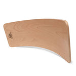 image of a natural birch curved board with the kinderfeets logo on one side on a white background
