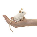 on a white background, a small white plush mouse with a long tail in the palm of a hand