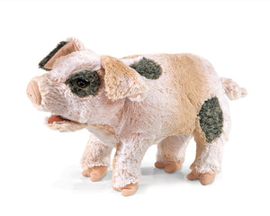 a plush pink pig with grey spots on a white background