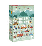 A green puzzle box with illustrated cars and vehicles on it. on a white background