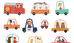 illustrated cars with thier animal and character drivers on a white background